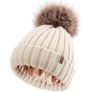 image:imageFURTALK Toddler Beanie Satin Lined Baby Boys Girls Winter Hats Pom Pom Beanies for KidsBeige