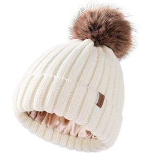 image:imageFURTALK Toddler Beanie Satin Lined Baby Boys Girls Winter Hats Pom Pom Beanies for KidsWhite