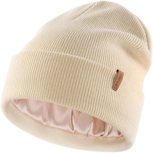 image:imageFURTALK Satin Lined Beanie for Women Men Knit Beanie Hat Acrylic Winter Hats Warm Slouchy Skull CapBeige