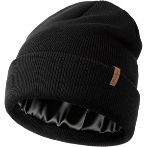 image:imageFURTALK Satin Lined Beanie for Women Men Knit Beanie Hat Acrylic Winter Hats Warm Slouchy Skull CapBlack