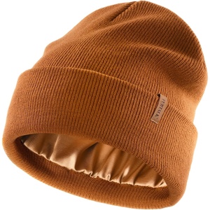image:imageFURTALK Satin Lined Beanie for Women Men Knit Beanie Hat Acrylic Winter Hats Warm Slouchy Skull CapCaramel