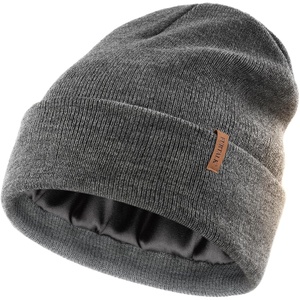 image:imageFURTALK Satin Lined Beanie for Women Men Knit Beanie Hat Acrylic Winter Hats Warm Slouchy Skull CapDark Grey