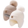 image:imageFURTALK Baby Toddler Winter Hat Fleece Lined Earflap Pom Beanie 2 PackWhitelight Khaki