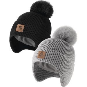 image:imageFURTALK Baby Toddler Winter Hat Fleece Lined Earflap Pom Beanie 2 PackBlackgray