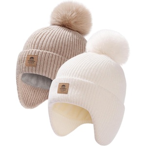 image:imageFURTALK Baby Toddler Winter Hat Fleece Lined Earflap Pom Beanie 2 PackWhitelight Khaki